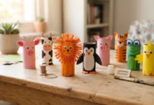 Animales hechos con rollos de papel higiénico pintados de colores