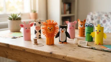 Animales hechos con rollos de papel higiénico pintados de colores