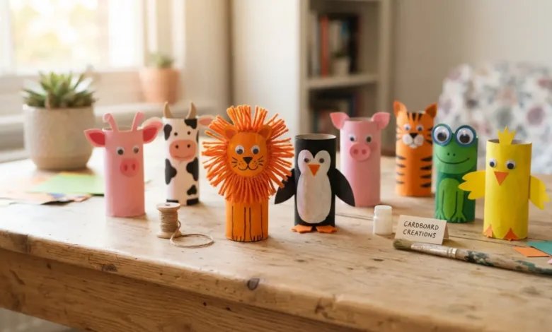 Animales hechos con rollos de papel higiénico pintados de colores