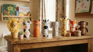 Colección de animales terminados con rollos de papel higiénico