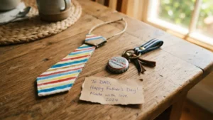 Corbata decorativa y llavero reciclado terminados para el Día del Padre