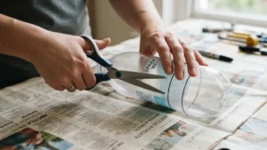 Cortando la botella de plástico para hacer el portalápices paso a paso