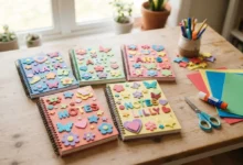 Cuadernos escolares decorados con manualidades de foami de colores
