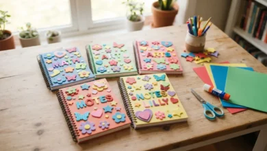 Cuadernos escolares decorados con manualidades de foami de colores