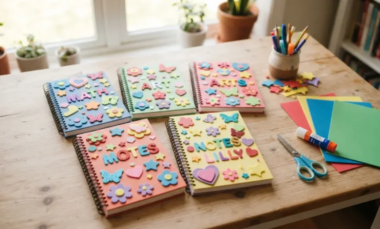 Cuadernos escolares decorados con manualidades de foami de colores