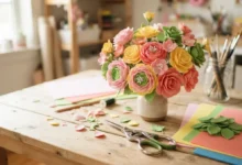 Flores de foami hechas a mano en colores rosa y amarillo