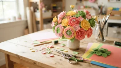 Flores de foami hechas a mano en colores rosa y amarillo