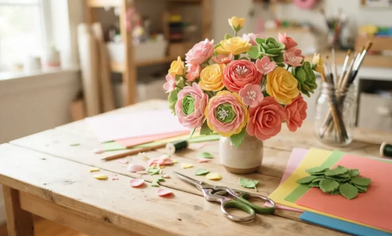 Flores de foami hechas a mano en colores rosa y amarillo