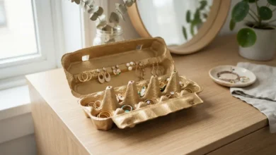 Organizador de joyas hecho con cartón de huevos pintado de dorado
