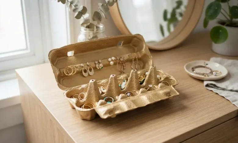Organizador de joyas hecho con cartón de huevos pintado de dorado