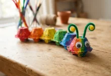 Oruga hecha con cartón de huevos pintada de colores