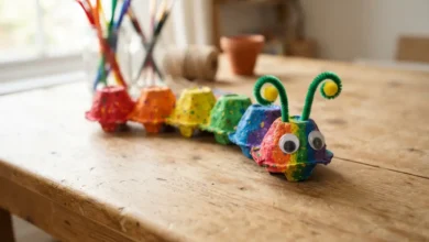 Oruga hecha con cartón de huevos pintada de colores