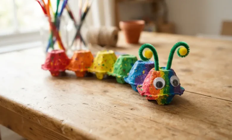 Oruga hecha con cartón de huevos pintada de colores