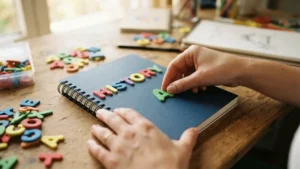 Pegando letras de foami sobre la portada de un cuaderno escolar