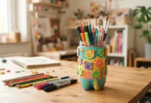 Portalápices hecho con botella de plástico reciclada pintado de colores