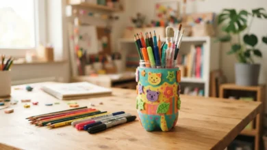 Portalápices hecho con botella de plástico reciclada pintado de colores