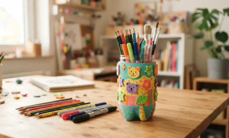 Portalápices hecho con botella de plástico reciclada pintado de colores