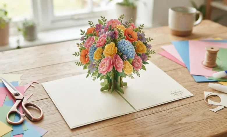 Tarjeta pop-up con ramo de flores para el Día de la Madre
