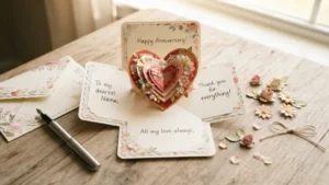 Tarjeta pop-up terminada con corazón decorado para mamá