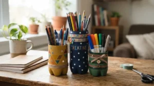 Varios portalápices reciclados terminados con botellas de plástico decoradas